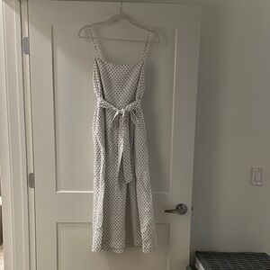 Elegant White and Black  Polka Dot linen Midi Dress